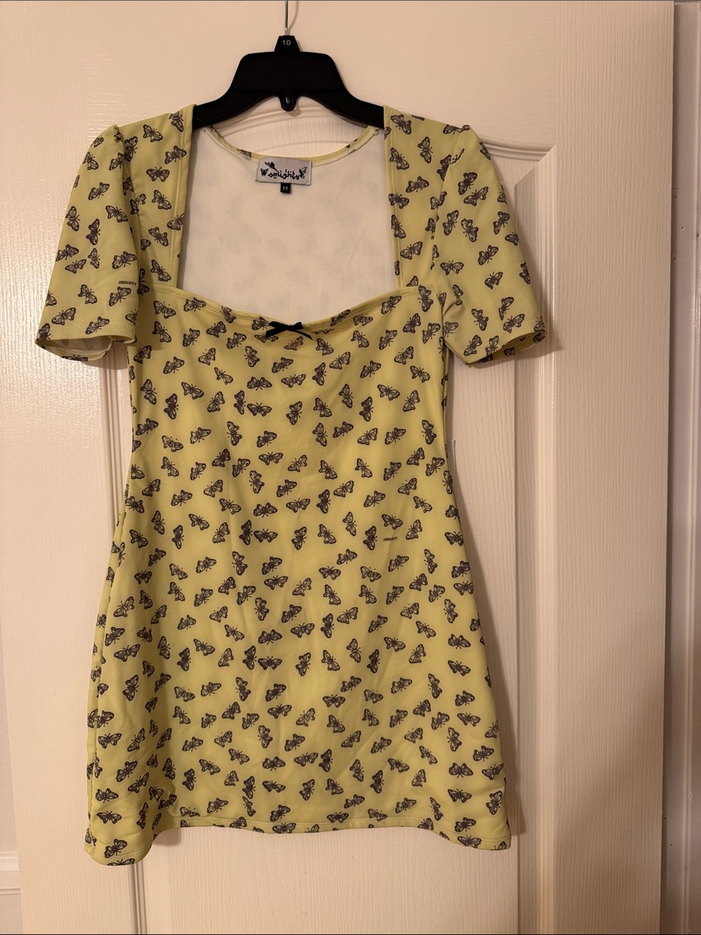 omighty Pale Yellow Butterfly Square-Neck Mini Dress